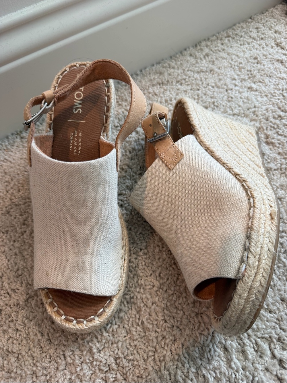 TOMS Beige Canvas Espadrille Wedge Sandals